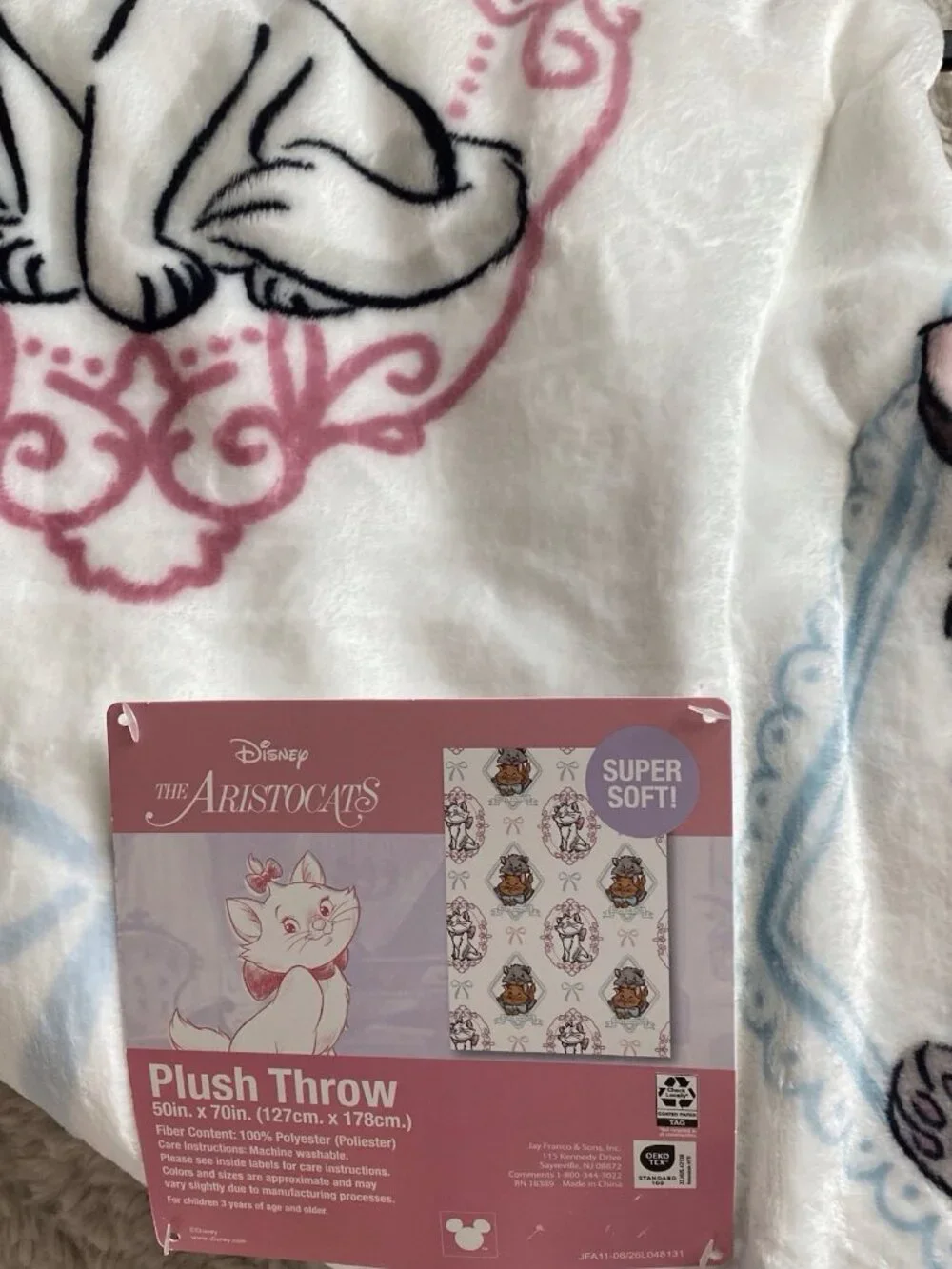 Disney The Aristocats Marie Toulouse & Berlioz White Plush Throw Blanket 50”x70”